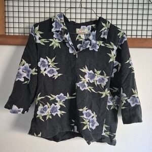 Tommy Bahama Black Silk Shirt with Blue Floral Pattern